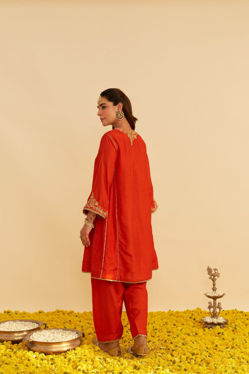 Ayra - Short Chauga With Salwar-Burnt Orange silk by SHEETAL BATRA in orange color for women Worldwide