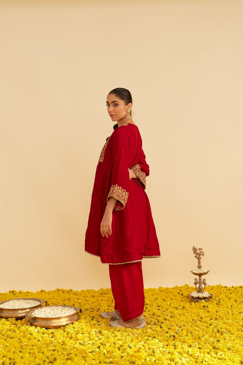 Mehza - Short Chauga With Salwar-Deep Red silk by SHEETAL BATRA in red color for women Worldwide