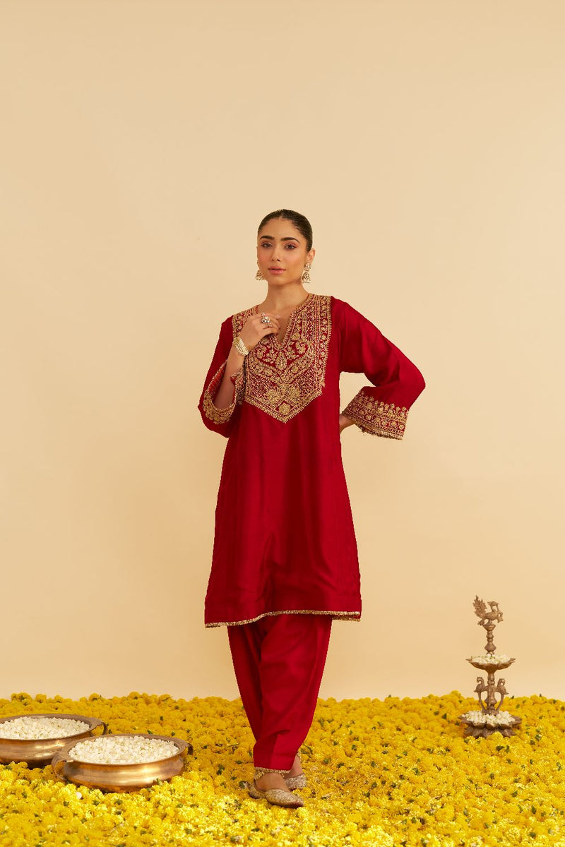 Mehza - Short Chauga With Salwar-Deep Red silk by SHEETAL BATRA in red color for women Worldwide