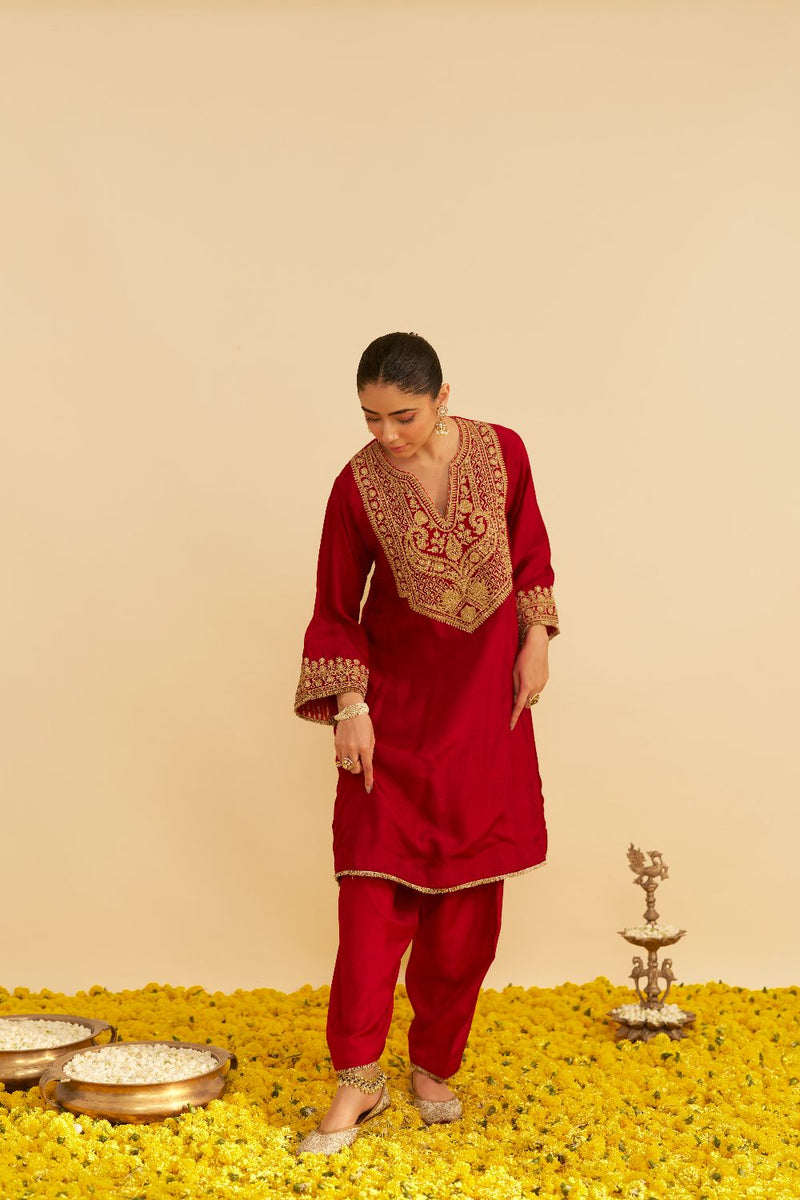Mehza - Short Chauga With Salwar-Deep Red silk by SHEETAL BATRA in red color for women Worldwide