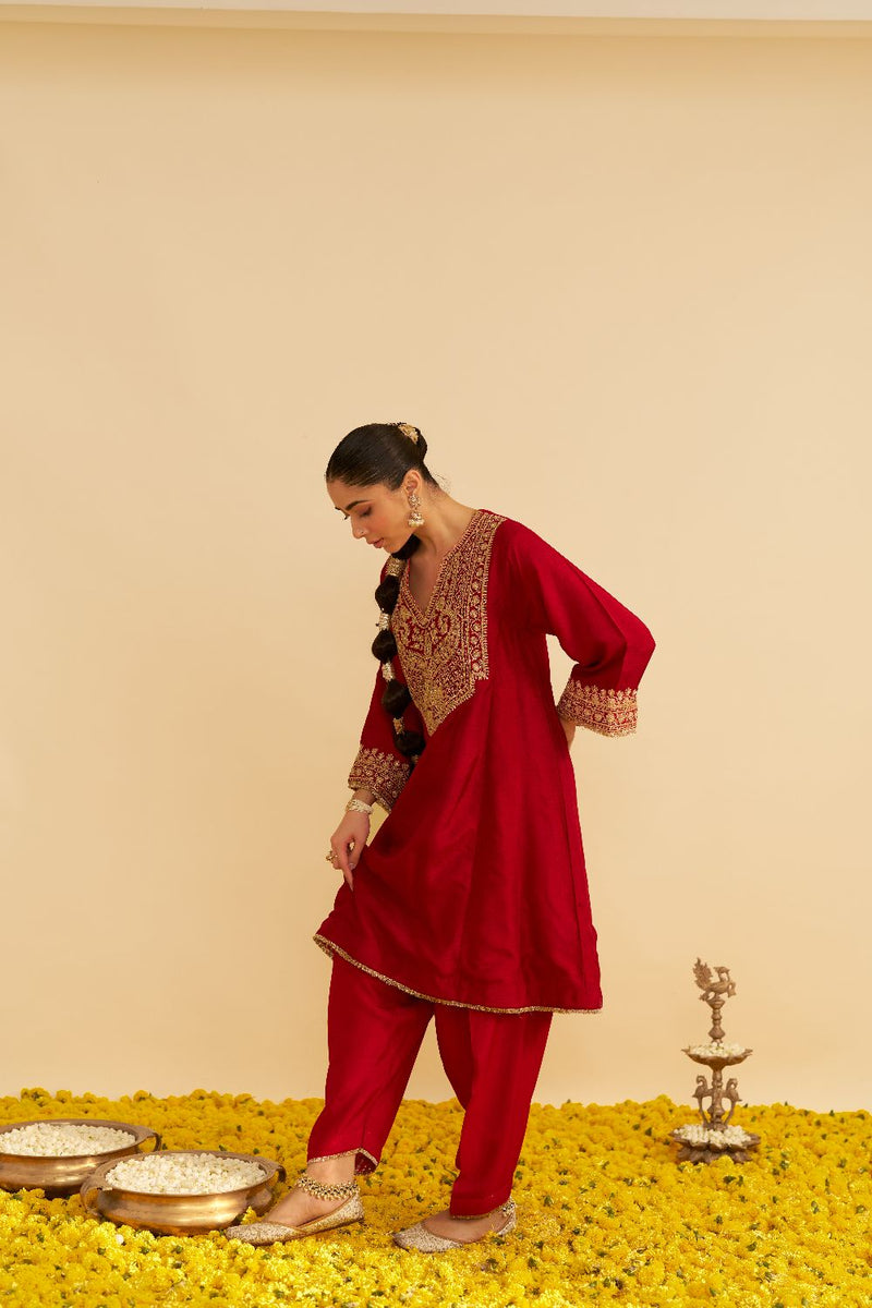 Mehza - Short Chauga With Salwar-Deep Red silk by SHEETAL BATRA in red color for women Worldwide