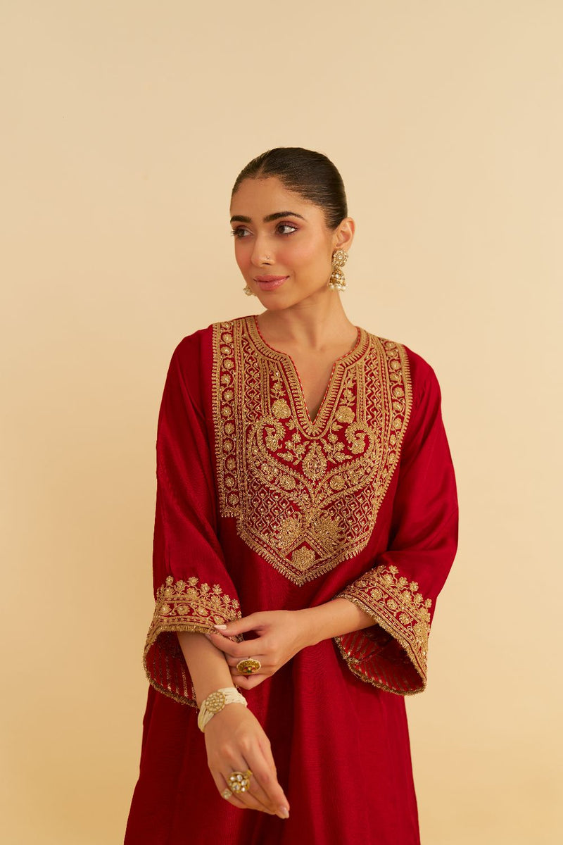 Mehza - Short Chauga With Salwar-Deep Red silk by SHEETAL BATRA in red color for women Worldwide