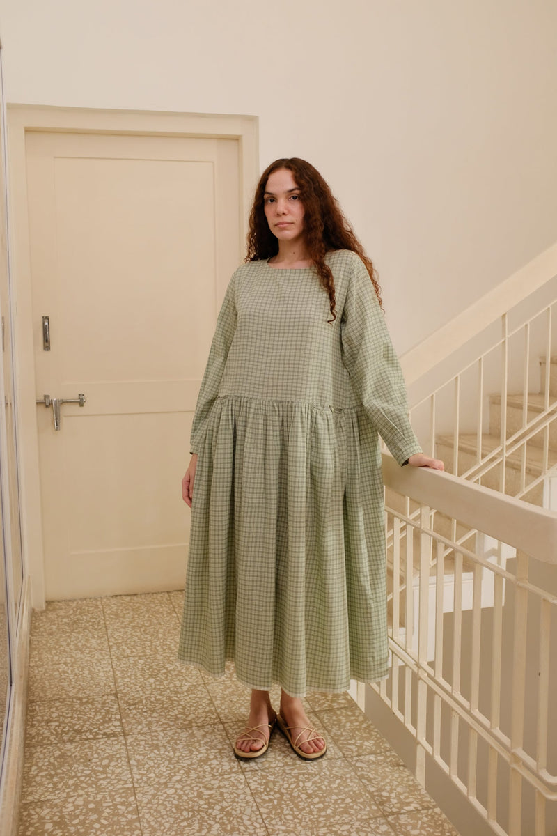 Blake-Smoked Green Checks Dress handwoven cotton dress by MASON AND MILL in green for women Worldwide