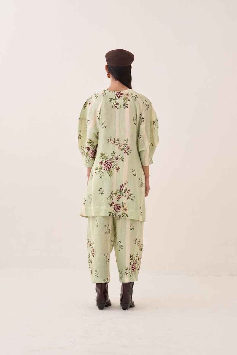 Bagiya Bubble Sleeve Aline Dress Set cotton slub co-ord set by O'Frida in green for women Worldwide