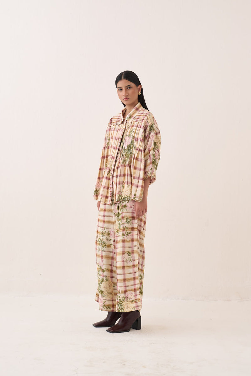 Jaali Rose Pintuck Shirt Set cotton slub co-ord set by O'Frida in ivory for women Worldwide