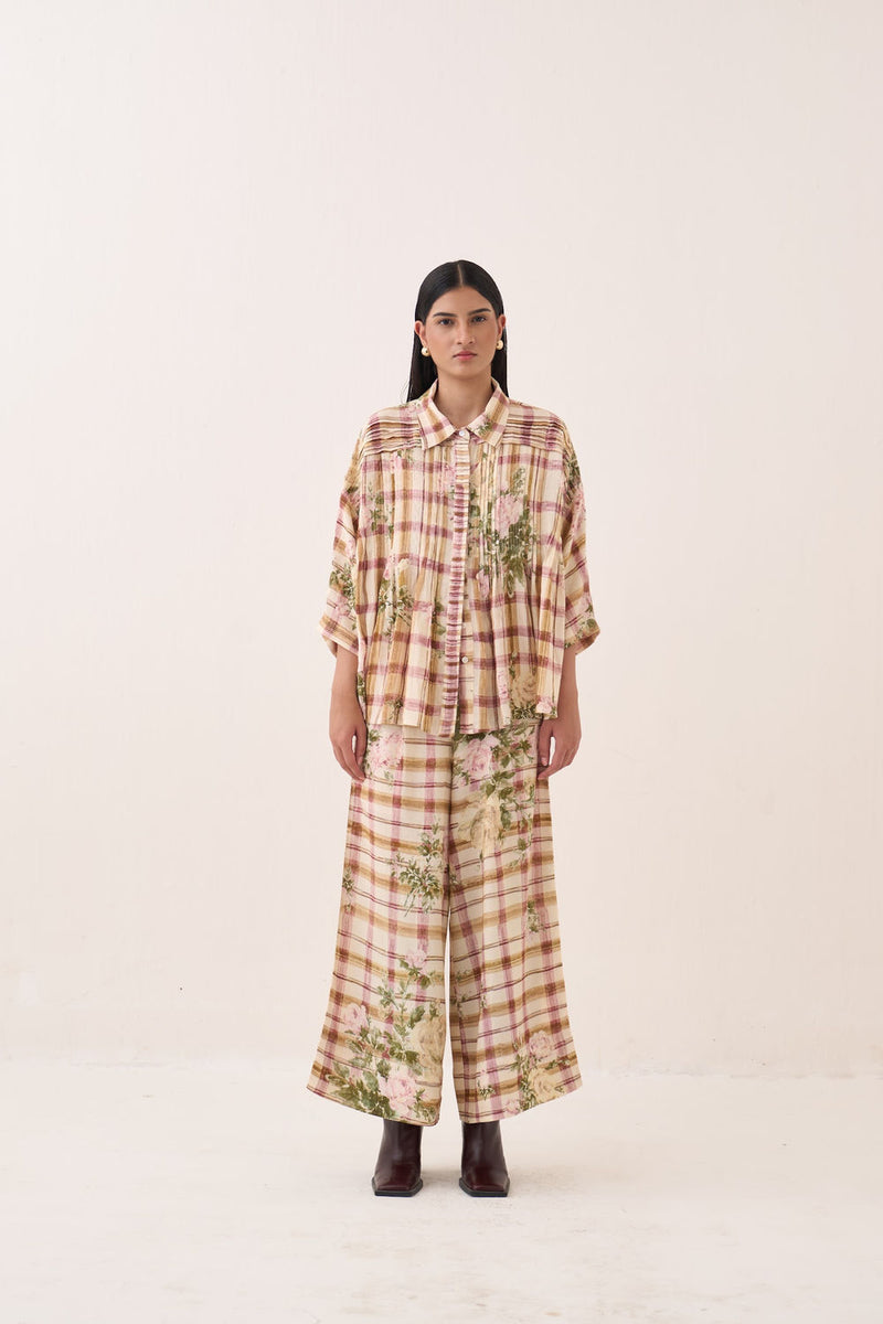 Jaali Rose Pintuck Shirt Set cotton slub co-ord set by O'Frida in ivory for women Worldwide
