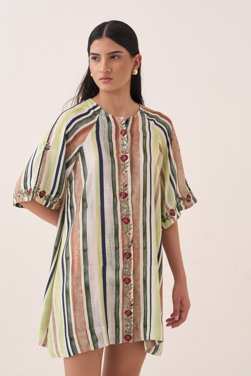 Rekha Short Aline Dress bemberg muslin dress by O'Frida in green for women Worldwide