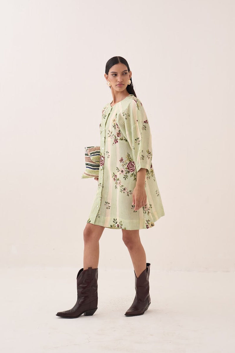 Bagiya Bubble Sleeve Aline cotton slub dress by O'Frida in green for women Worldwide