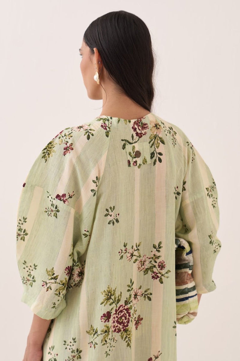 Bagiya Bubble Sleeve Aline Dress Set cotton slub co-ord set by O'Frida in green for women Worldwide