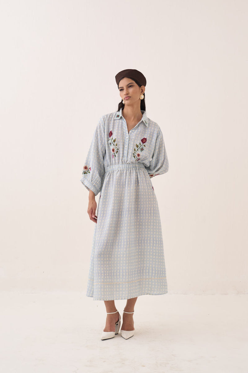 Gingham Poem Dress cotton slub dress by O'Frida in blue for women Worldwide