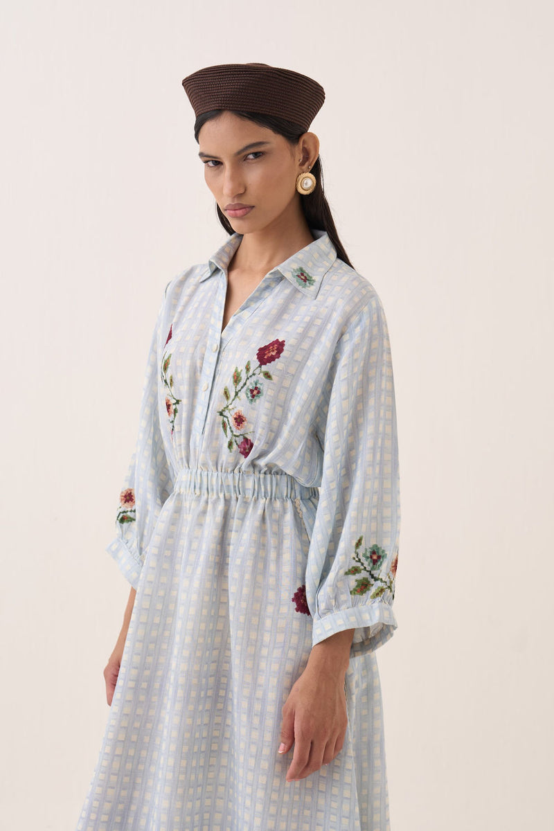 Gingham Poem Dress cotton slub dress by O'Frida in blue for women Worldwide