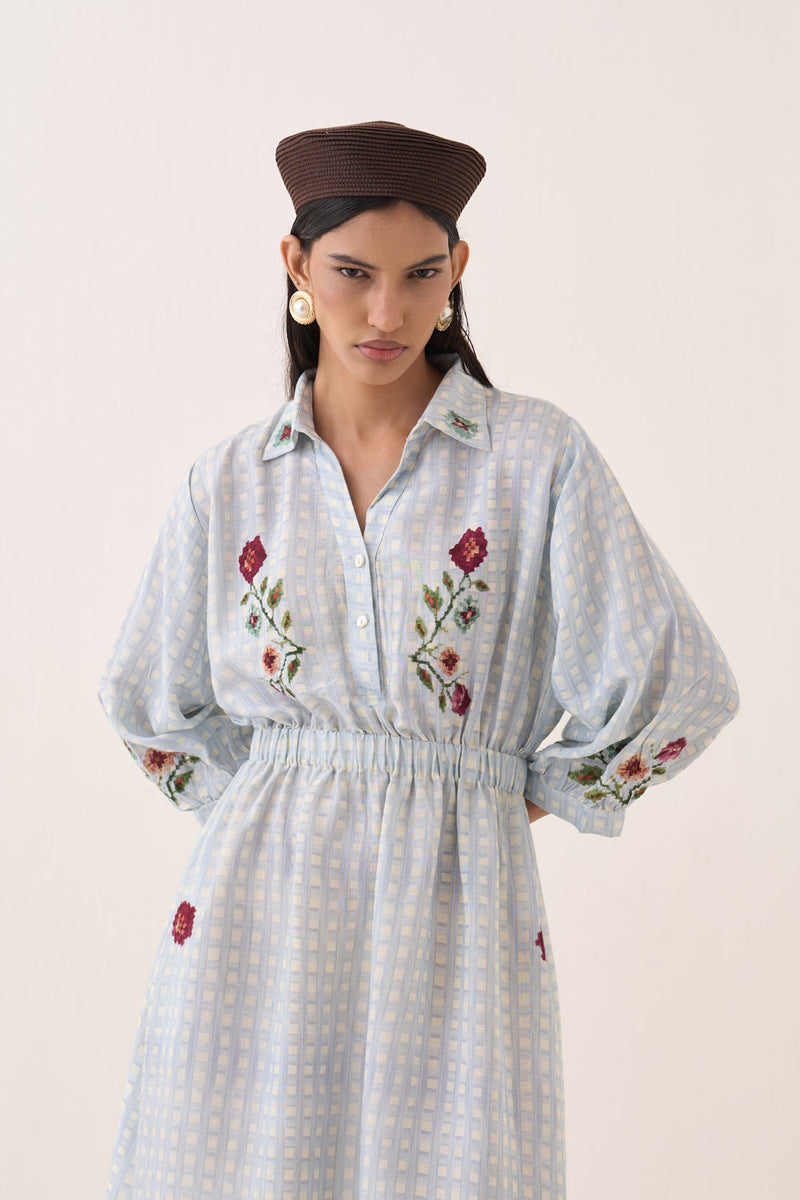 Gingham Poem Dress cotton slub dress by O'Frida in blue for women Worldwide