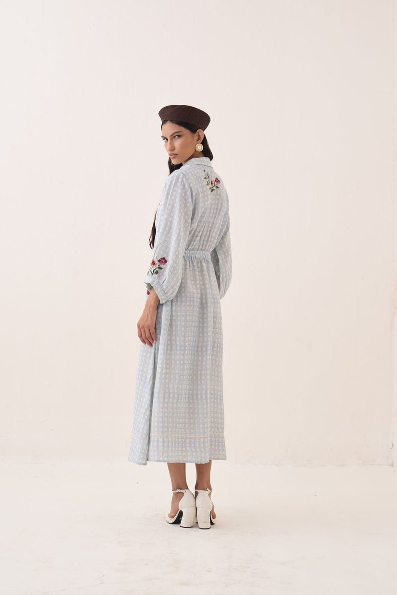 Gingham Poem Dress cotton slub dress by O'Frida in blue for women Worldwide