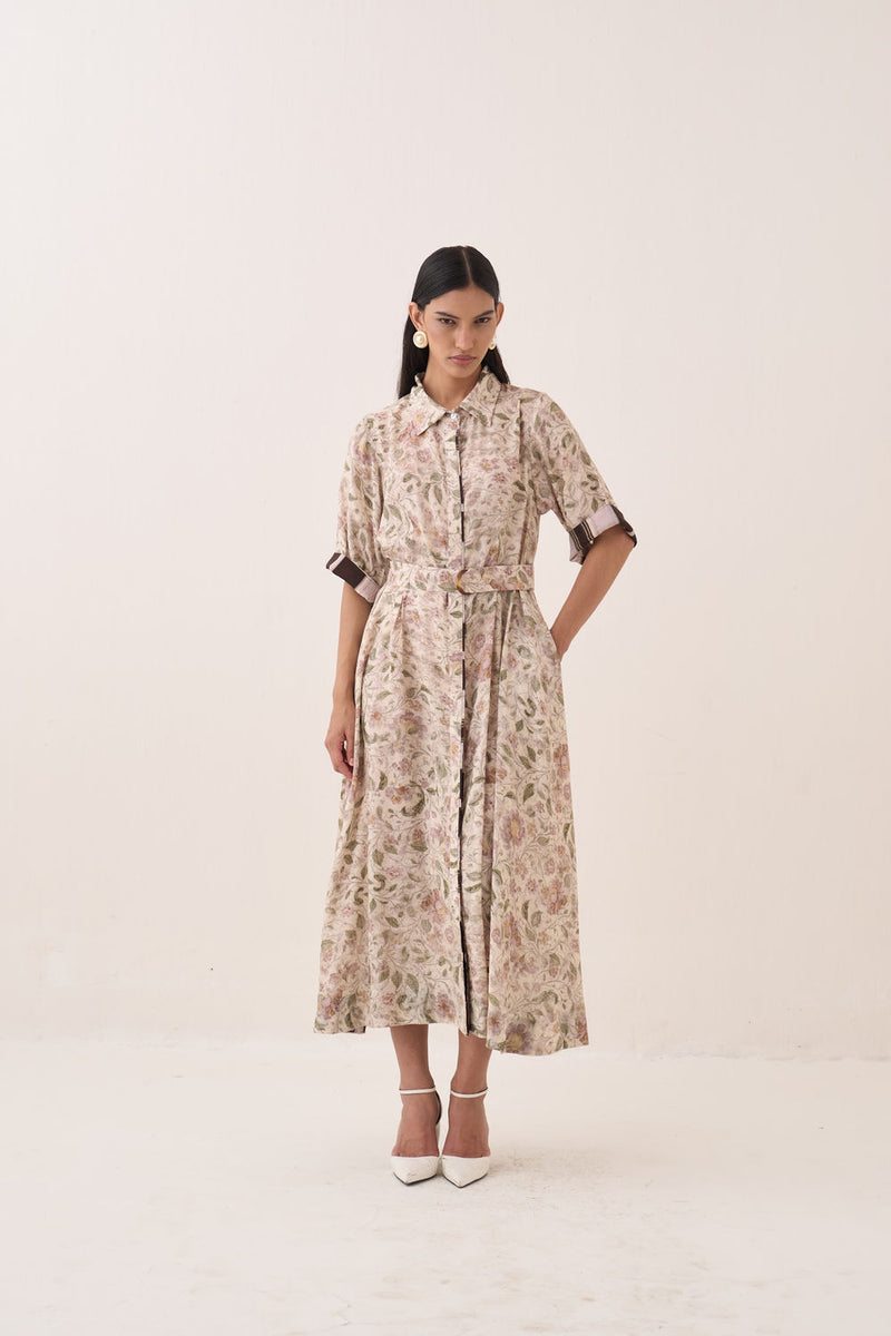 Gulzar Front Placket Aline bemberg muslin dress by O'Frida in ivory for women Worldwide