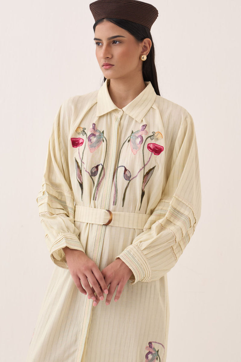 Lehar Bloomist Dress cotton slub dress by O'Frida in ivory for women Worldwide