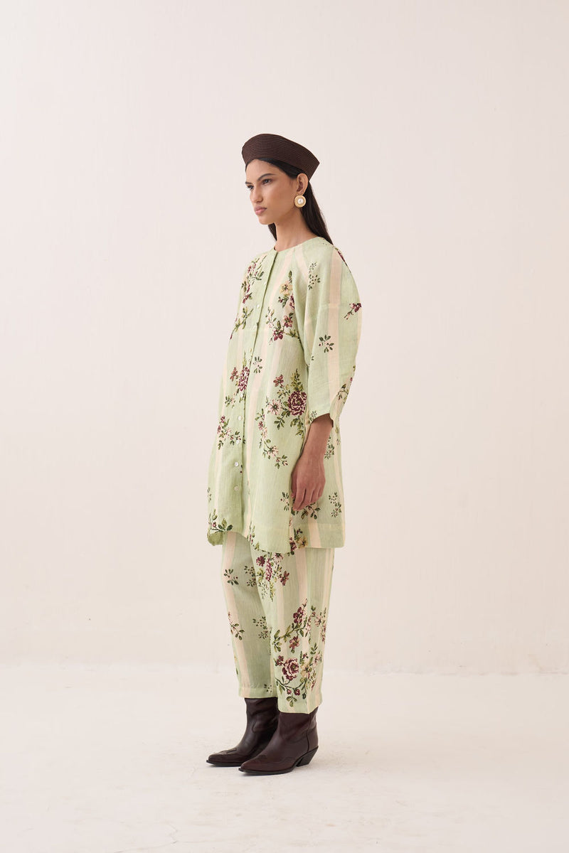 Bagiya Bubble Sleeve Aline Dress Set cotton slub co-ord set by O'Frida in green for women Worldwide