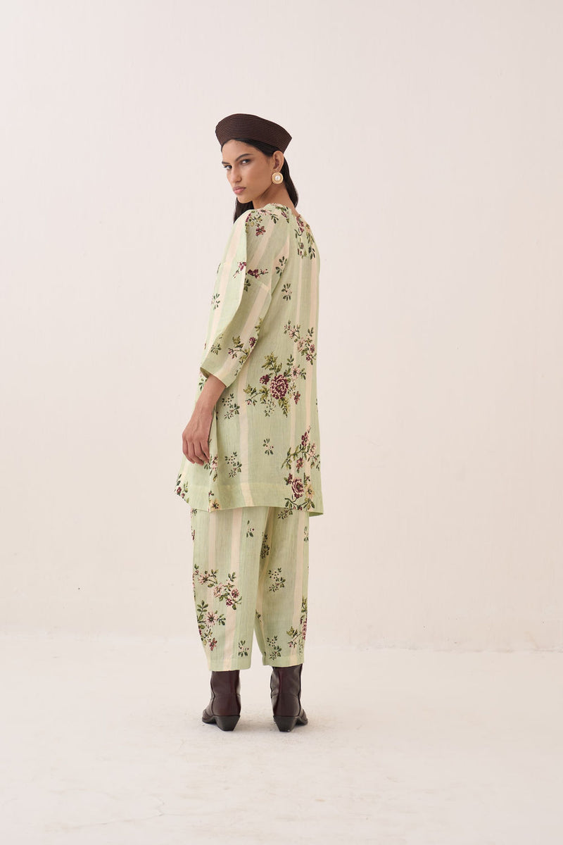 Bagiya Bubble Sleeve Aline Dress Set cotton slub co-ord set by O'Frida in green for women Worldwide