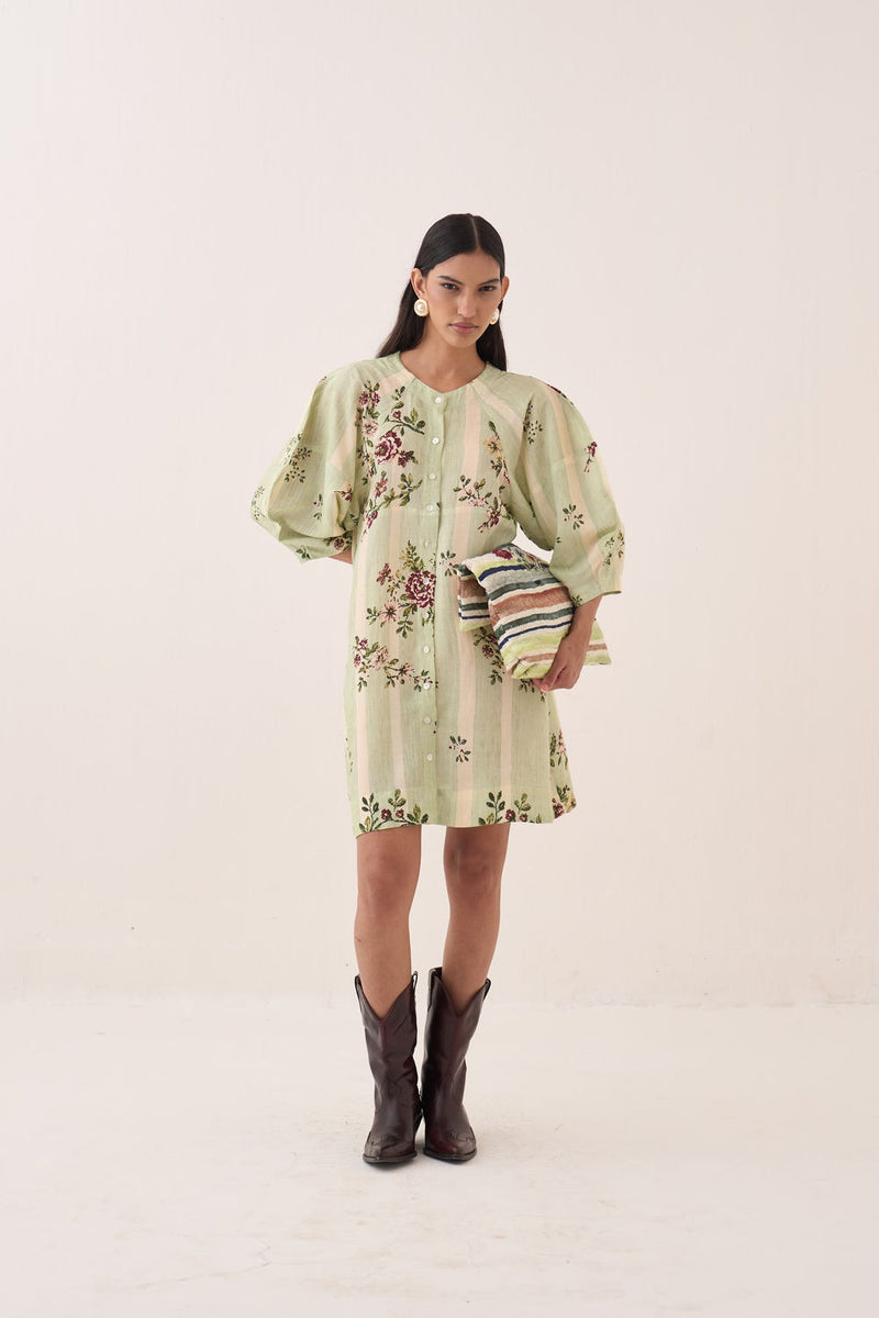 Bagiya Bubble Sleeve Aline cotton slub dress by O'Frida in green for women Worldwide