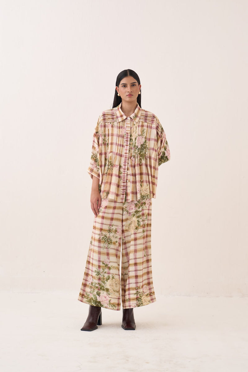 Jaali Rose Pintuck Shirt Set cotton slub co-ord set by O'Frida in ivory for women Worldwide