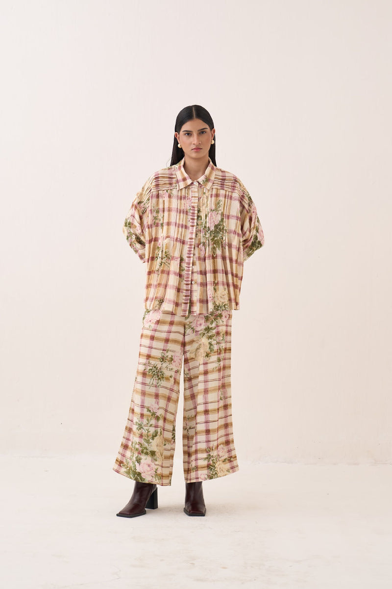 Jaali Rose Pintuck Shirt Set cotton slub co-ord set by O'Frida in ivory for women Worldwide