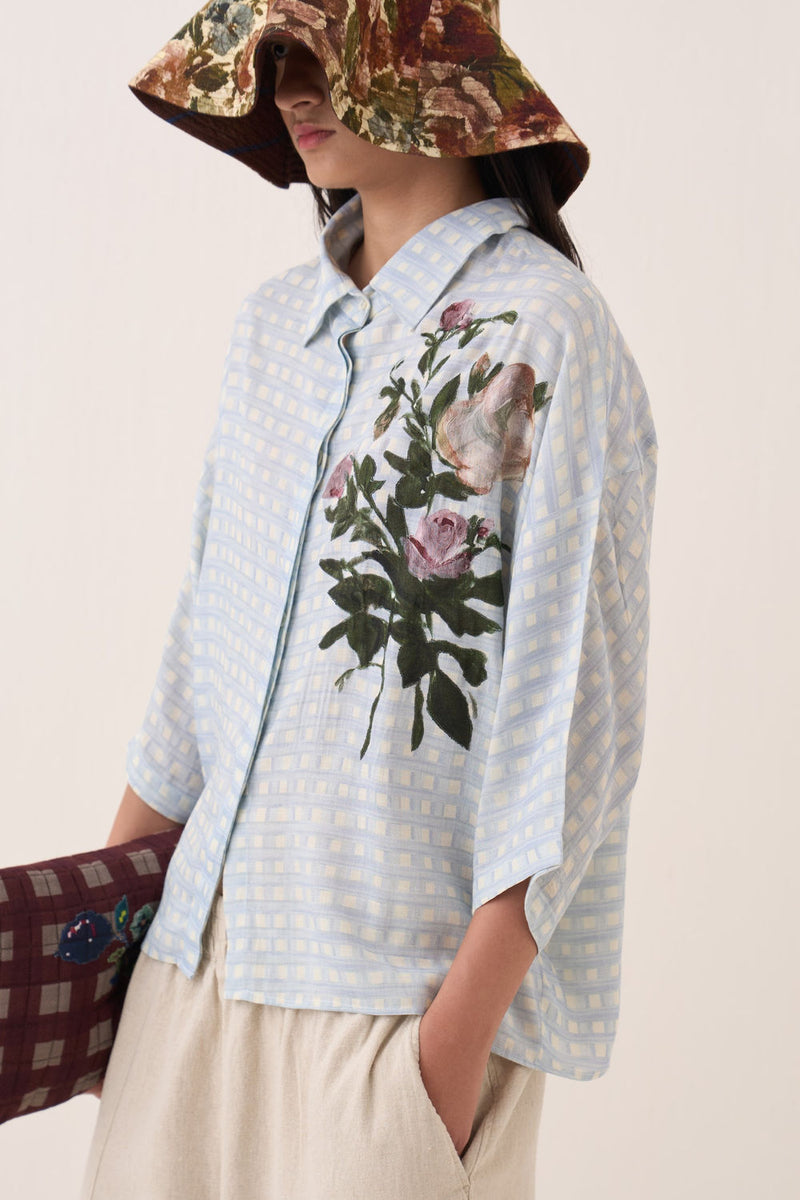 Gingham Ae Shirt Set cotton slub co-ord set by O'Frida in blue for women Worldwide