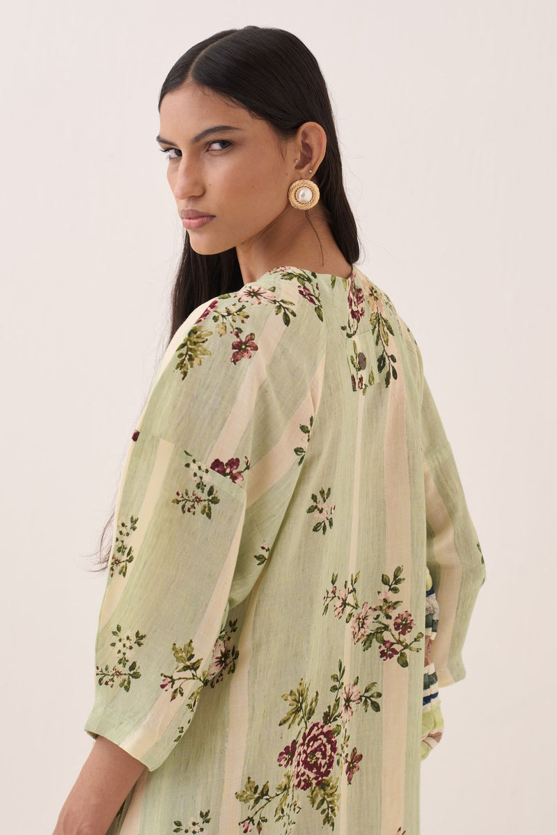 Bagiya Bubble Sleeve Aline Dress Set cotton slub co-ord set by O'Frida in green for women Worldwide