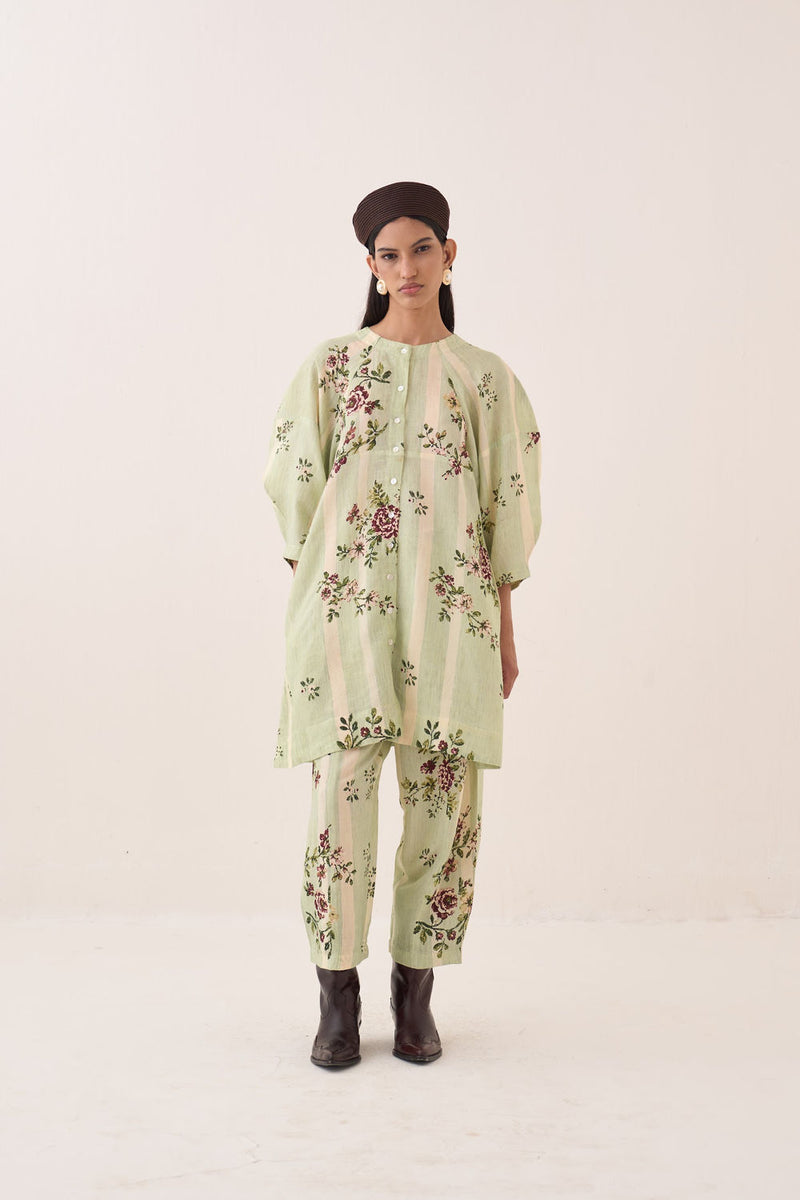 Bagiya Bubble Sleeve Aline Dress Set cotton slub co-ord set by O'Frida in green for women Worldwide