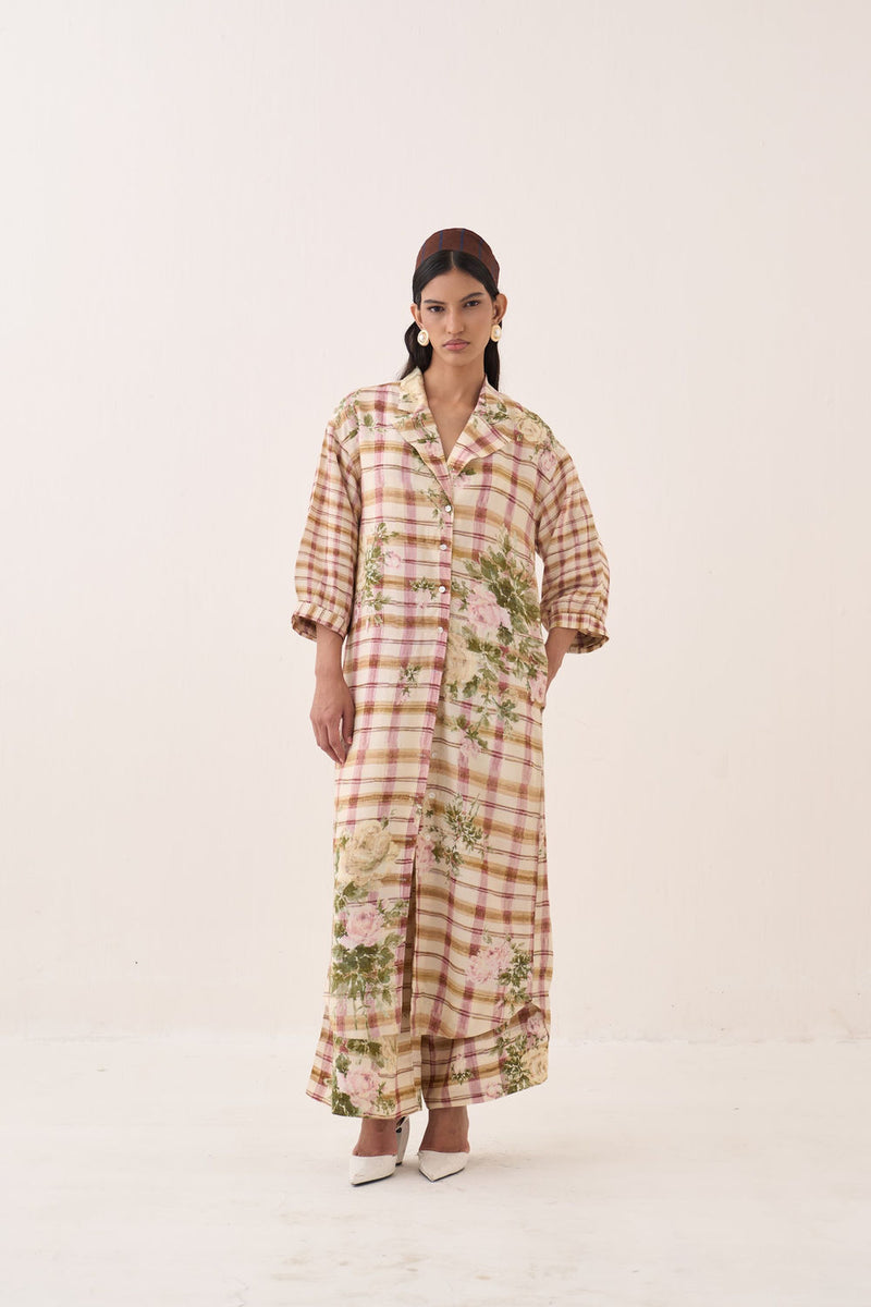 Jaali Rose Trench Jacket Set cotton slub jacket/overlay by O'Frida in ivory for women Worldwide