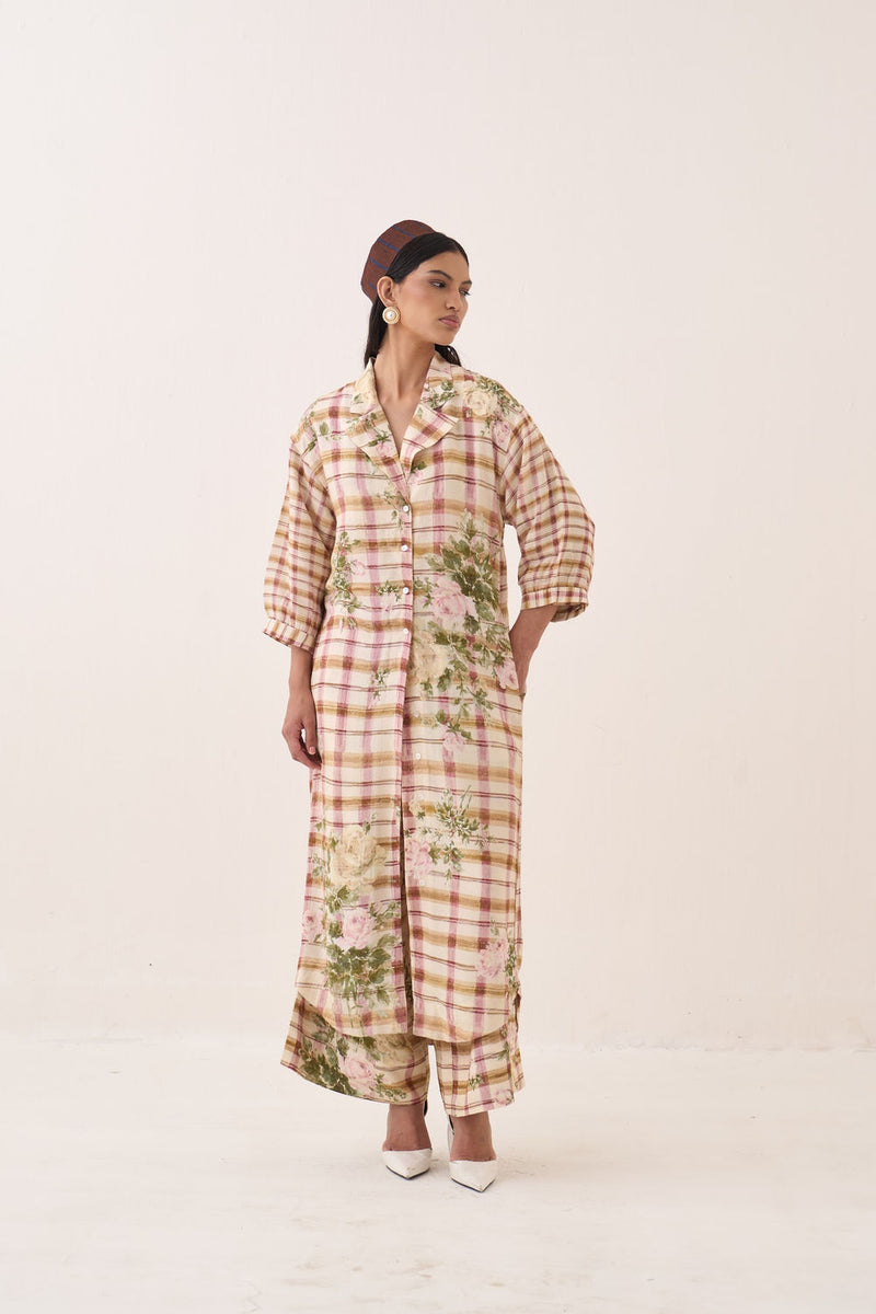 Jaali Rose Trench Jacket Set cotton slub jacket/overlay by O'Frida in ivory for women Worldwide