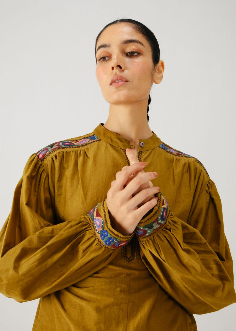 Peasant top-Olive band emb. silk by CORD for women Worldwide