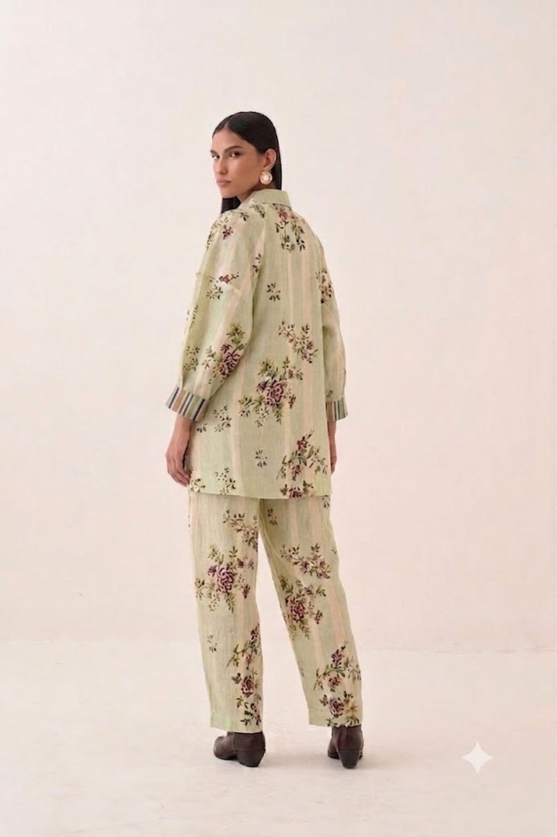 Bagiya Floral Psyflora Top Set cotton slub co-ord set by O'Frida in green for women Worldwide
