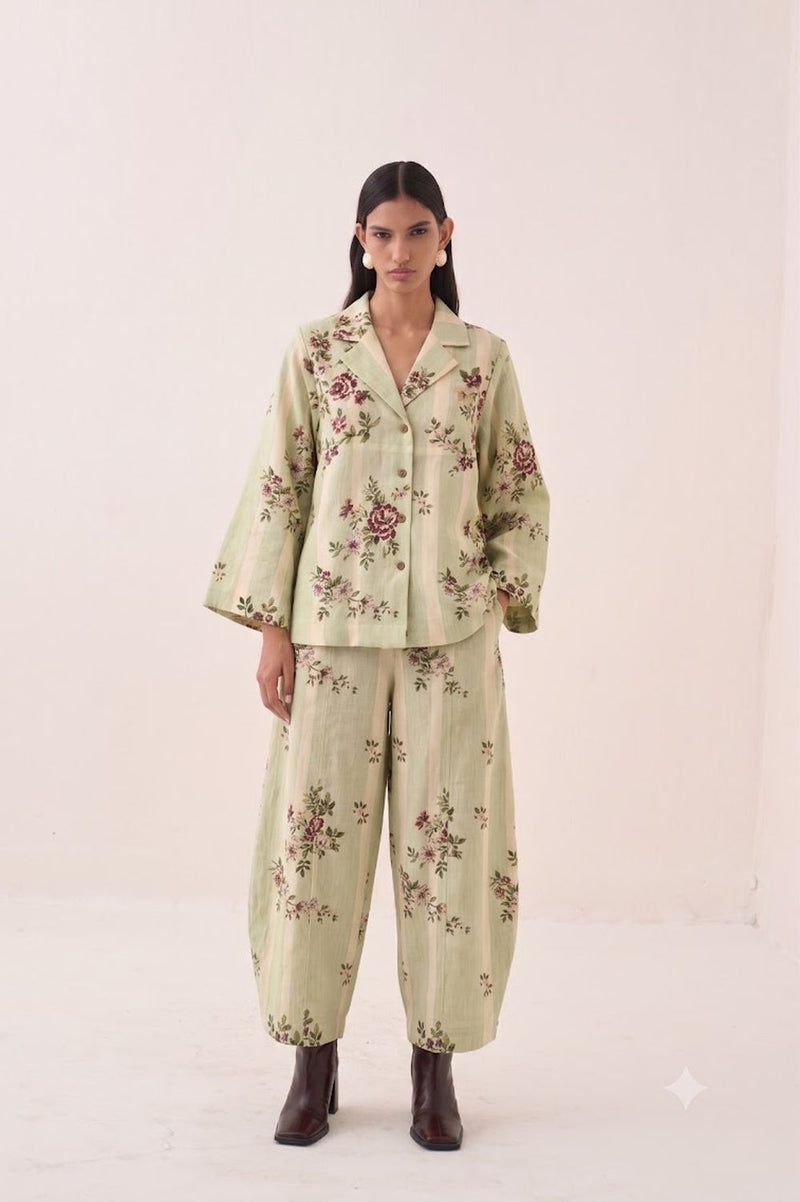 Bagiya Floral Psyflora Top Set cotton slub co-ord set by O'Frida in green for women Worldwide