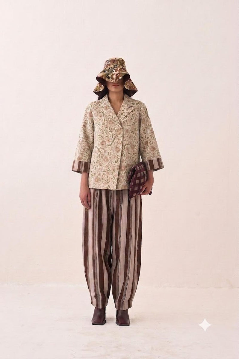 Gulzar Psyflora Tie Knot Shirt Set cotton slub co-ord set by O'Frida in ivory for women Worldwide