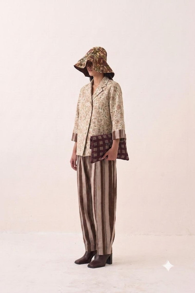 Gulzar Psyflora Tie Knot Shirt Set cotton slub co-ord set by O'Frida in ivory for women Worldwide