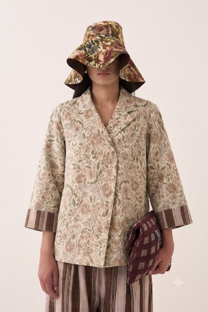 Gulzar Psyflora Tie Knot Shirt Set cotton slub co-ord set by O'Frida in ivory for women Worldwide