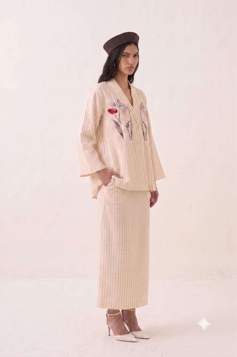 Lehar OFR10 Jacket Set cotton slub co-ord set by O'Frida in ivory for women Worldwide