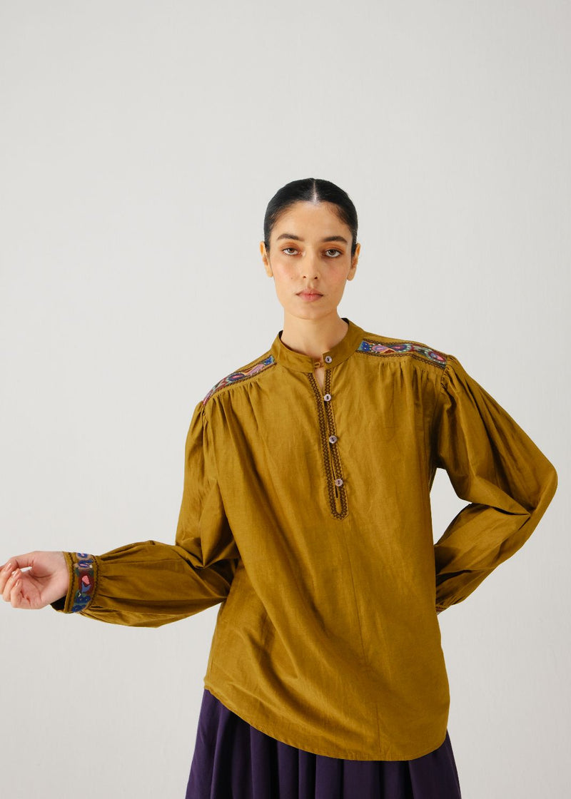 Peasant top-Olive band emb. silk by CORD for women Worldwide