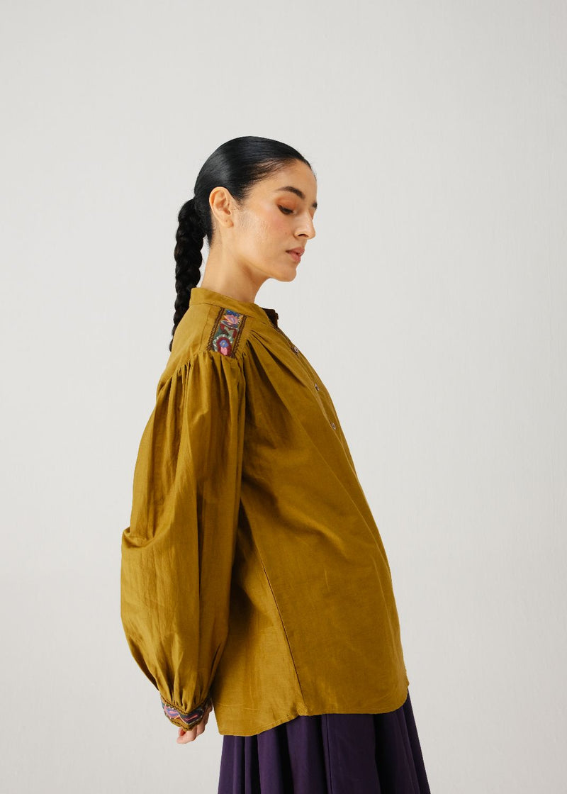 Peasant top-Olive band emb. silk by CORD for women Worldwide
