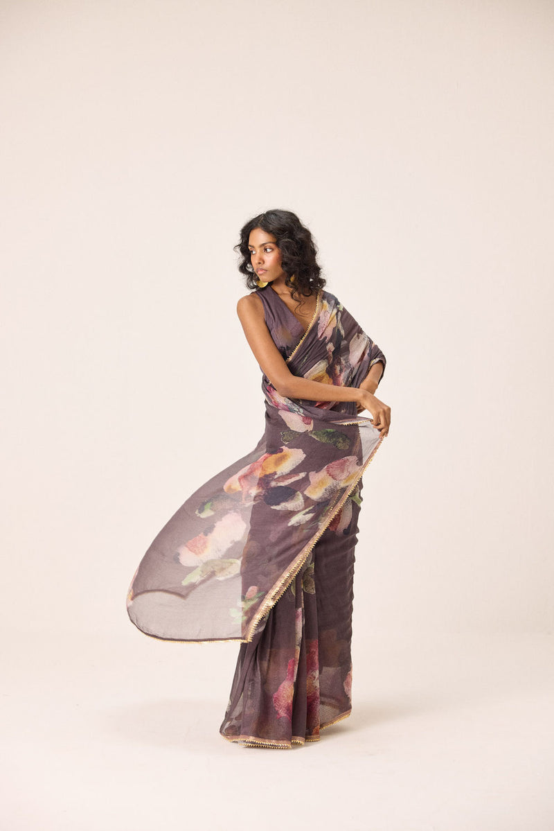 Inara Saree kota doria by Khara Kapas in brown for women Worldwide