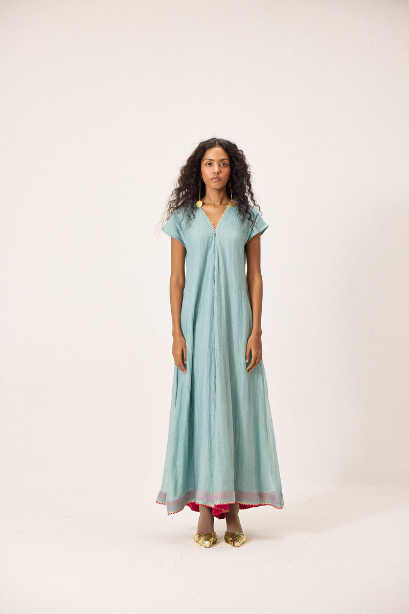Mira Jumpsuit chanderi mul by Khara Kapas in blue for women Worldwide