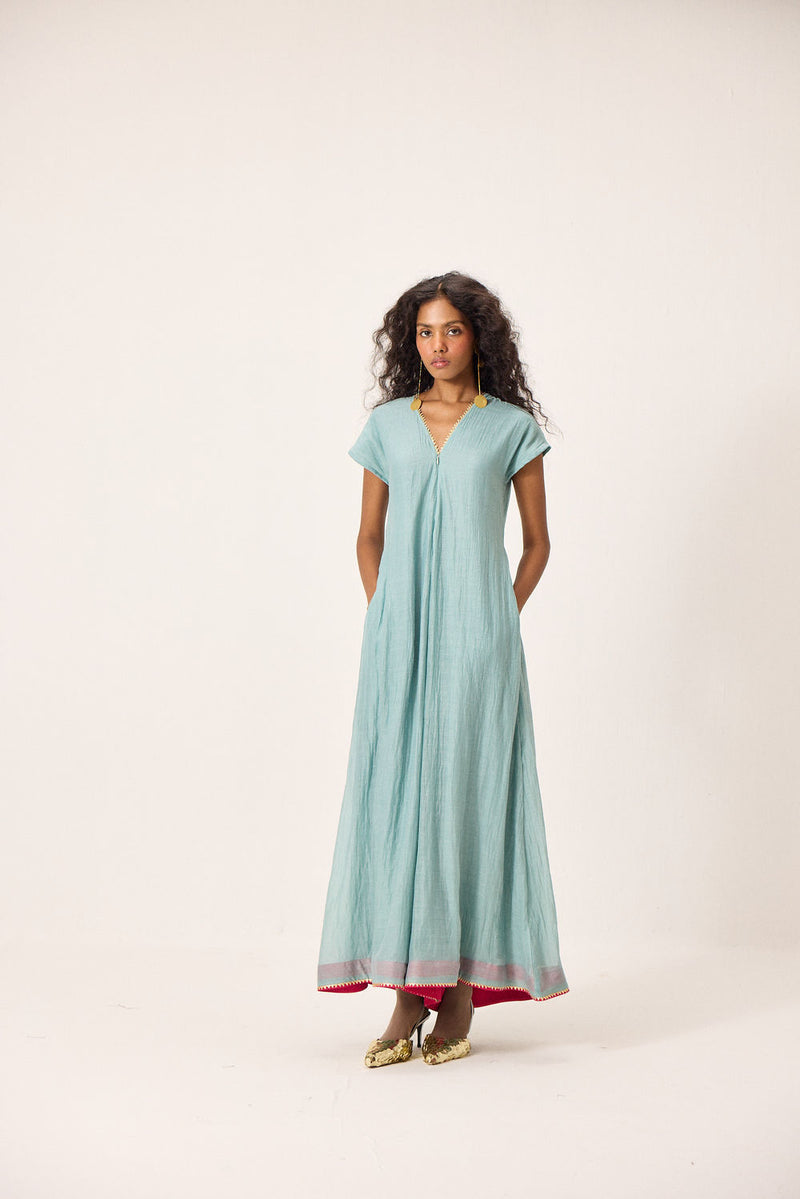 Mira Jumpsuit chanderi mul by Khara Kapas in blue for women Worldwide
