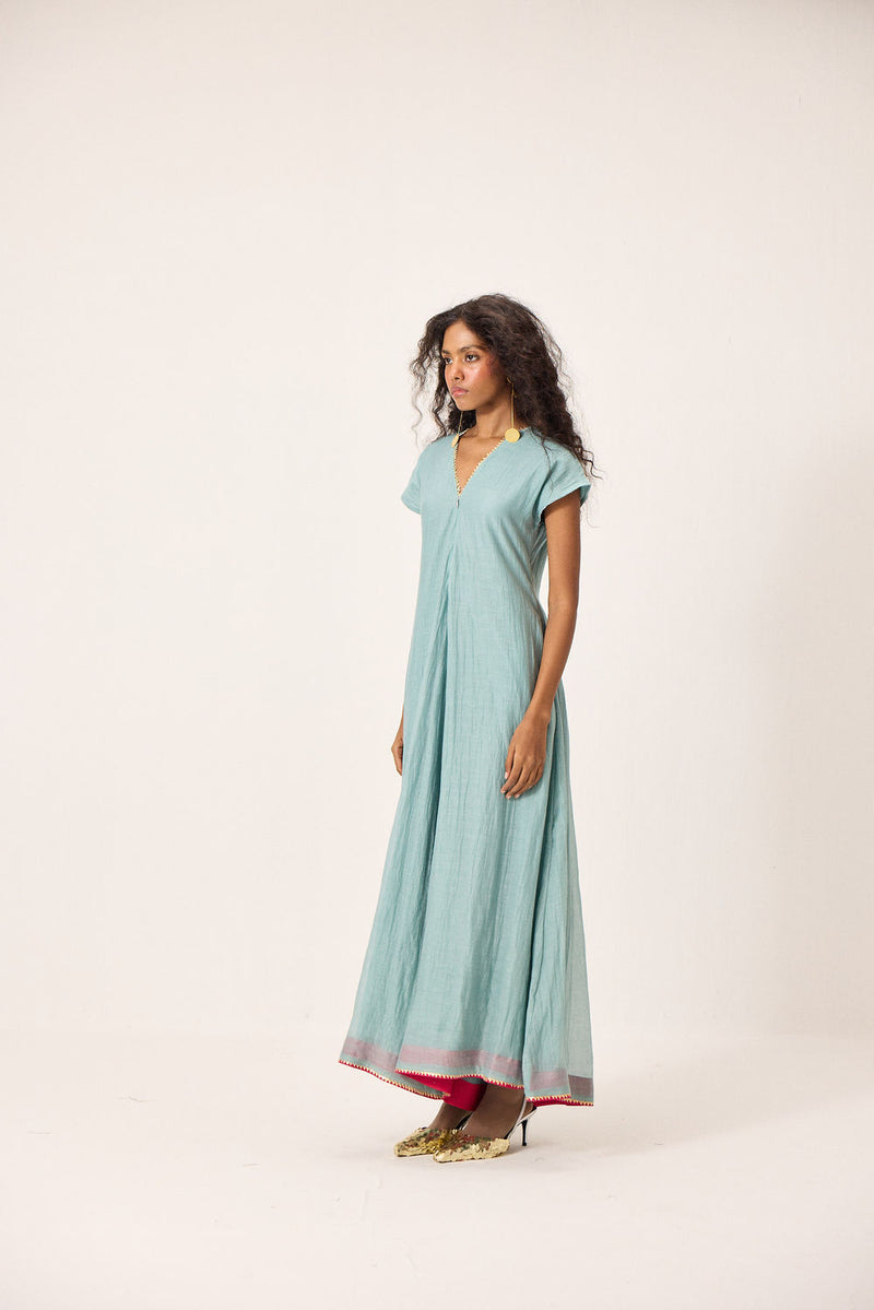 Mira Jumpsuit chanderi mul by Khara Kapas in blue for women Worldwide