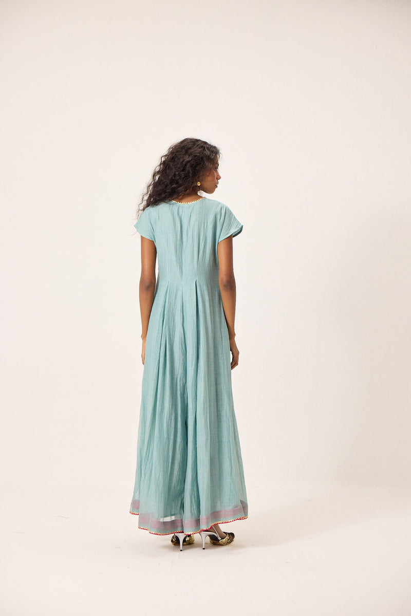 Mira Jumpsuit chanderi mul by Khara Kapas in blue for women Worldwide