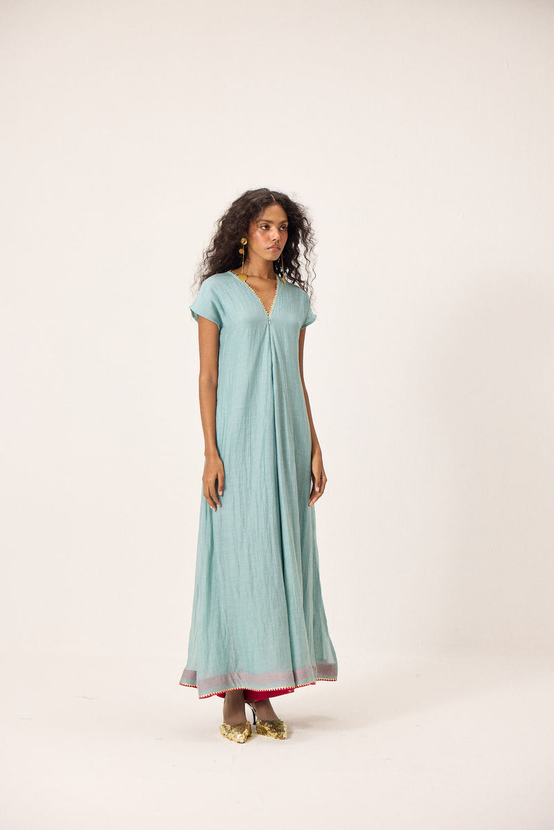 Mira Jumpsuit chanderi mul by Khara Kapas in blue for women Worldwide