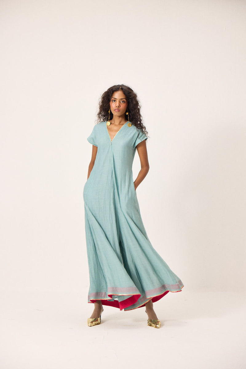 Mira Jumpsuit chanderi mul by Khara Kapas in blue for women Worldwide