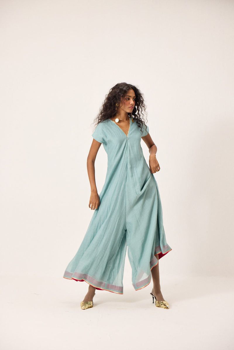 Mira Jumpsuit chanderi mul by Khara Kapas in blue for women Worldwide