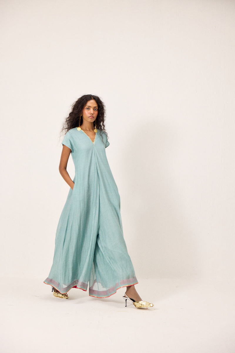 Mira Jumpsuit chanderi mul by Khara Kapas in blue for women Worldwide