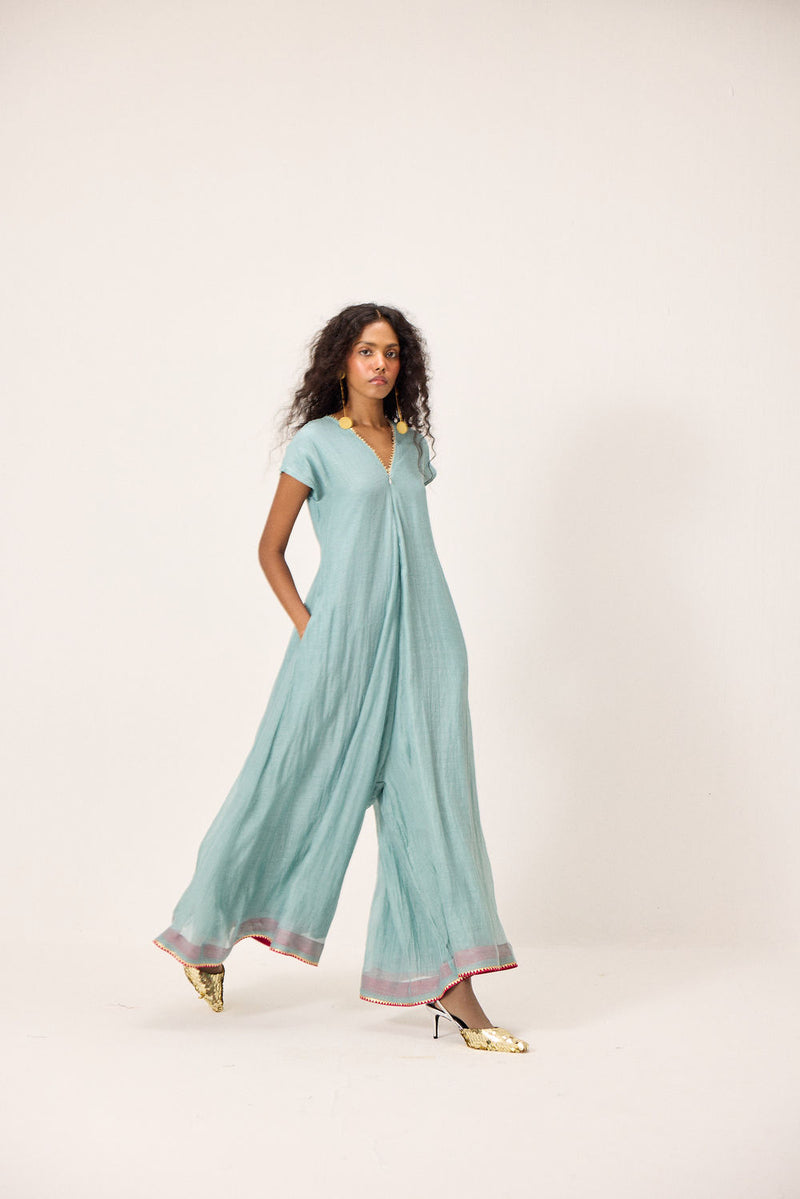 Mira Jumpsuit chanderi mul by Khara Kapas in blue for women Worldwide