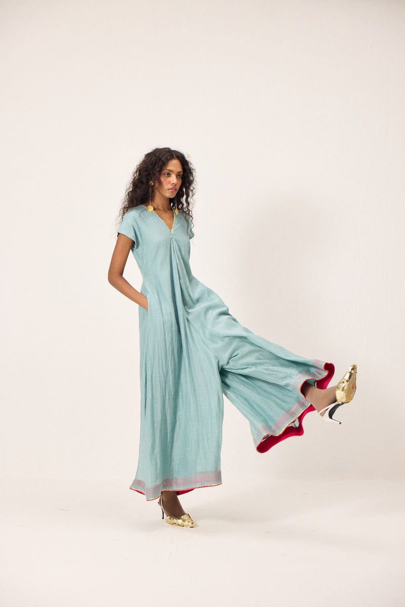 Mira Jumpsuit chanderi mul by Khara Kapas in blue for women Worldwide