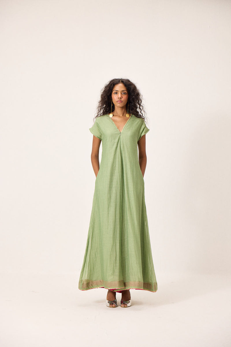 Emma Jumpsuit chanderi mul by Khara Kapas in green for women Worldwide